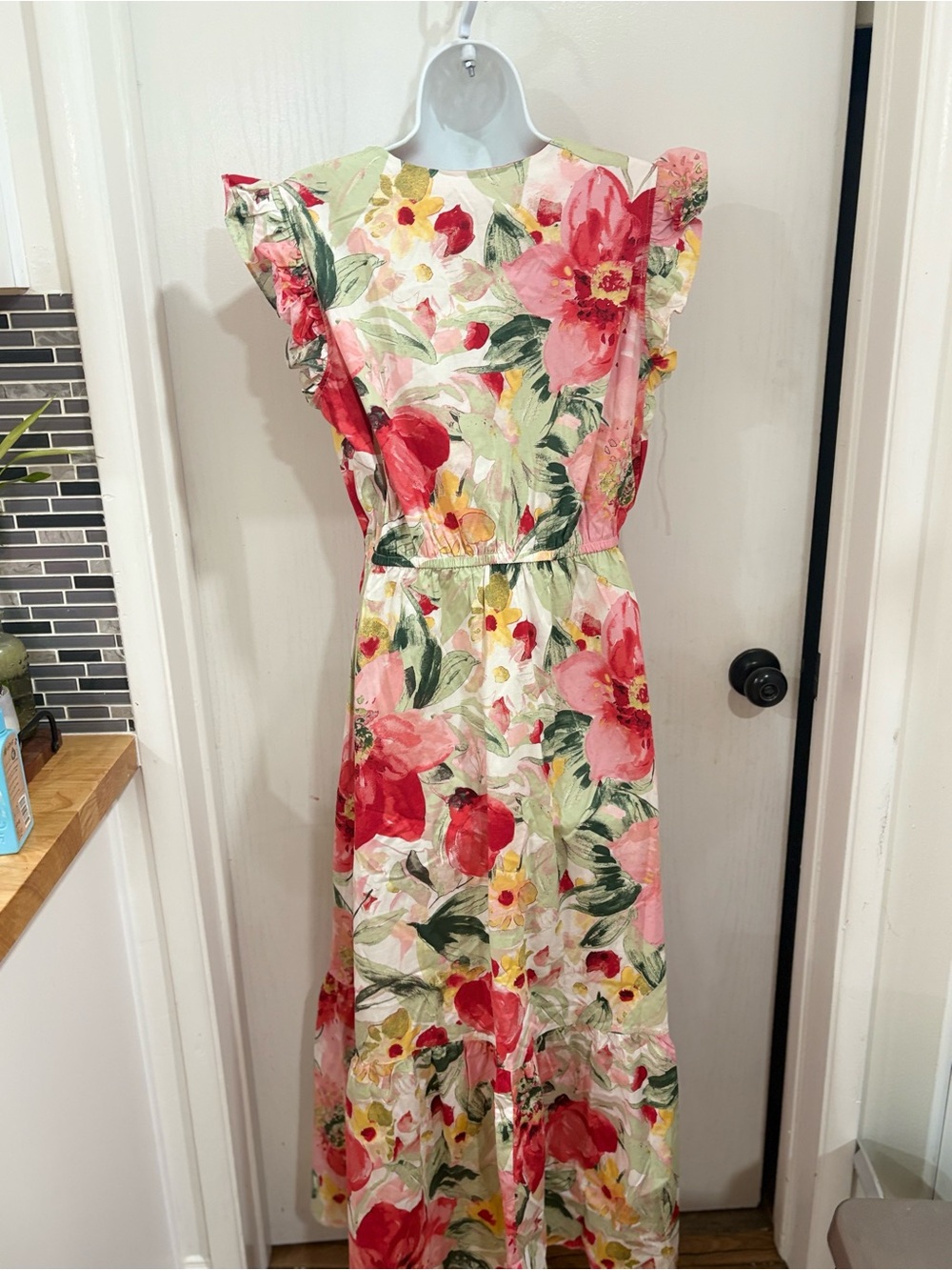 Anne Klein Cottagecore Floral V-Neck Ruffle Sleeve Maxi Dress - Pink & Green - Picture 5 of 6